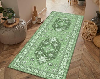 Ethnic Green Medallion Runner Rug Bohemian Long Corridor Entry Carpet