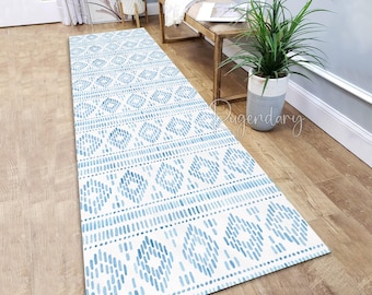 Tapis de cuisine bleu style bohème, tapis tribal géométrique pour couloir, décoration d'intérieur bohème
