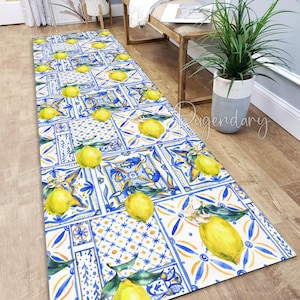 Alfombra de cocina Lemon: Azulejo de acuarela, antideslizante y suave.