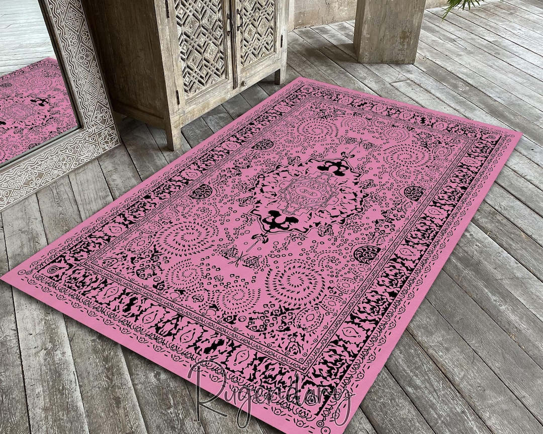 Boho Rug, Pink and Black Bohemian Mat, Living Room Carpet, Motif Art ...