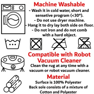 instructions for washing and maintaining a machine, as well as information about a compatible vacuum cleaner and a material.