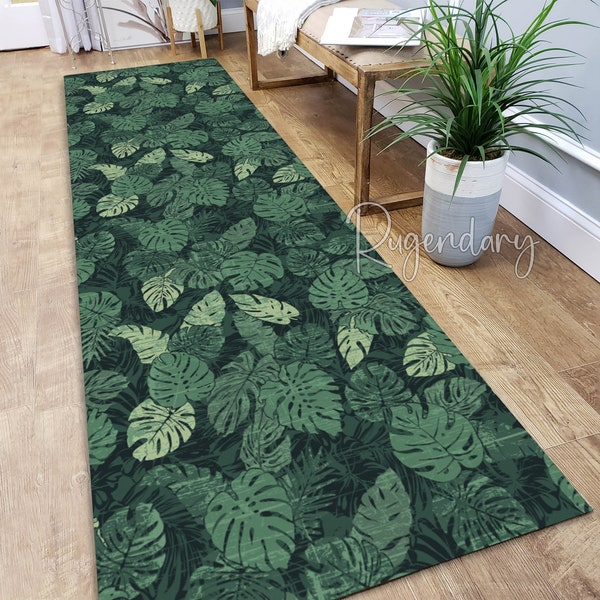 Tropical Palm Leaves Pattern Green Abstract Runner Rug, Botanical Carpet, Botanic Mat, Plant Decor, Coastal Home Decor, Gift for Her