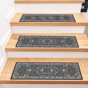 Black and White Boho Stair Rug: Non-Slip Scandinavian Step Mat image 2