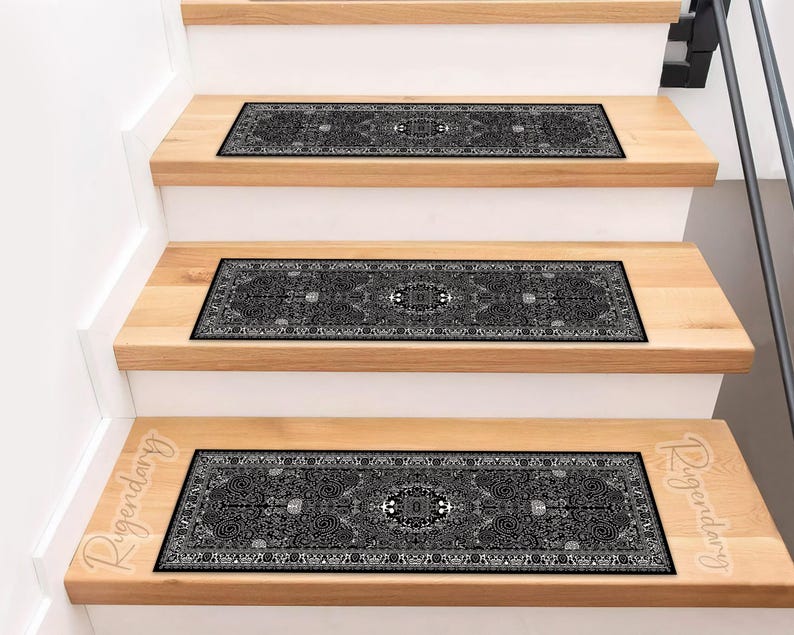 Black and White Boho Stair Rug: Non-Slip Scandinavian Step Mat image 2