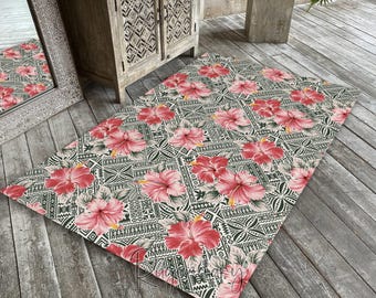 Pink Hibiscus Flower Rug: Hawaiian Tribal Carpet, Floral Mat
