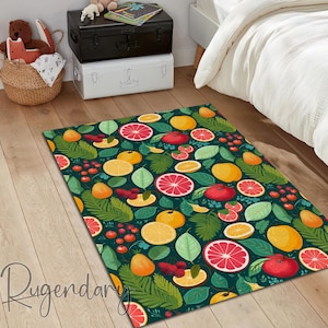 Colorful Fruits Themed Rug, Kitchen Mat, Vibrant Fruit Pattern Decor, Leaf Carpet