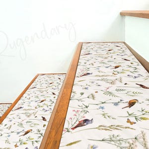 Boho Stair Tread Rug: Colorful Birds, Plant Print, Nonslip Step Mat