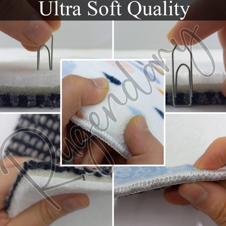 The image is a collage of five close-up photos of a person's hands holding a clip and a piece of fabric, with the text "Ultra Soft Quality" overlaying the images.