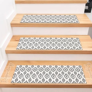 Black and White Stair Rug, Geometric Shape Pattern Step Mat, Ethnic Stair Tread Carpet, Authentic Stair Mat, Modern Boho Stair Rug