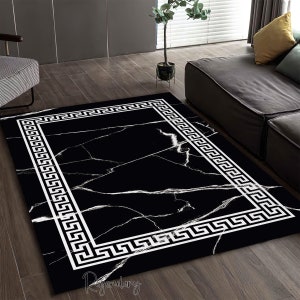 Zwart-witmarmeren vloerkleed, tapijt met Grieks sleutelsymbool, woonkamermat, luxe decor, modern vloerkleed