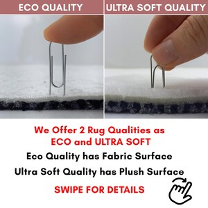 The image is a collage of two photos showing a person's finger holding a clip on a fabric surface, with text providing information about the rug qualities.