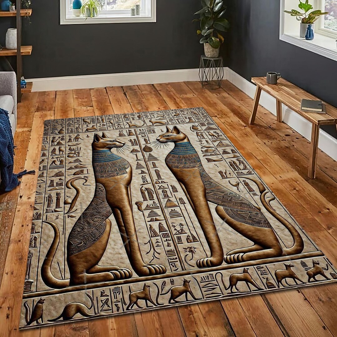 Libyan Cat Rug Egyptian Cat Rug: Ancient Hieroglyph Decor, Boho Carpet - Etsy