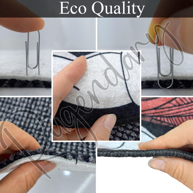 The image is a collage of five photos showing hands holding and interacting with various objects, including a paper clip, a piece of fabric, and a black and white patterned fabric.