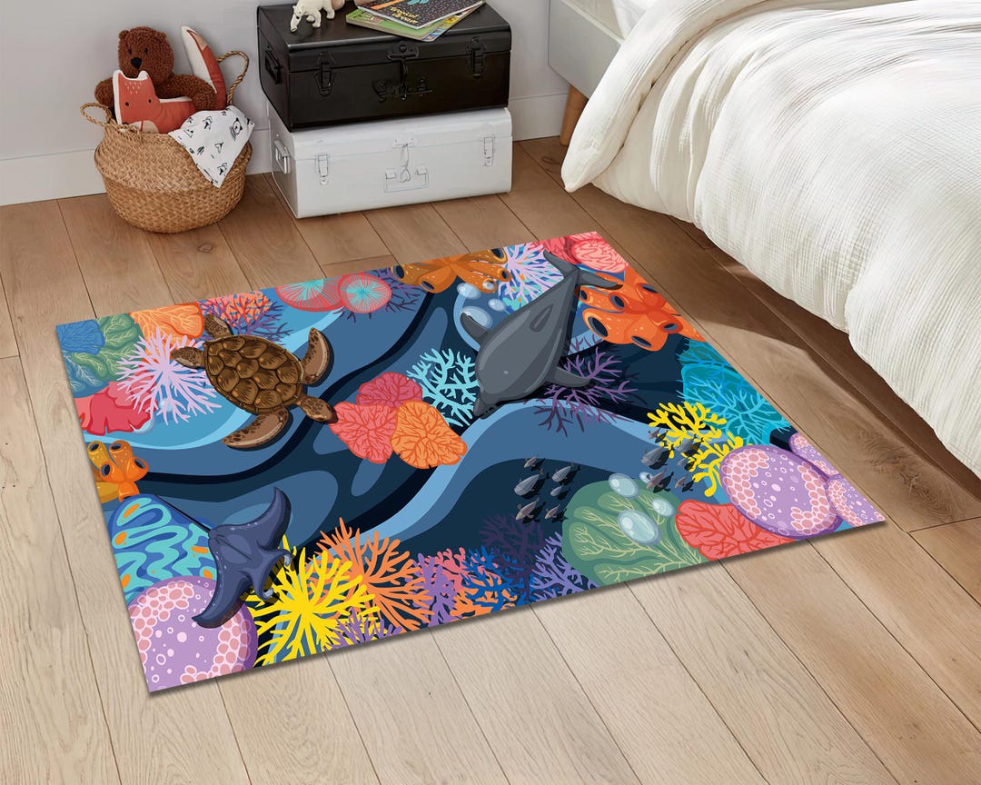 Underwater Sea Life Kids Rug: Ocean Dolphin, Turtle, Coral Theme - Etsy