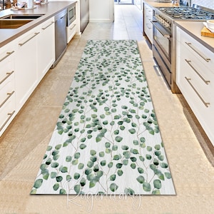 Eucalyptus Leaf Pattern Green Runner Rug, Kitchen Boho Carpet, Bohemian Floral Decor, Scandinavian Rug, Hallway Runner Rug