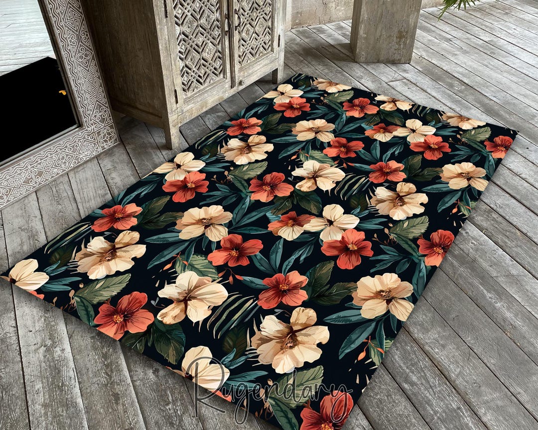 Hibiscus Rug Hibiscus Flower Rug: Tropical Floral Pattern Carpet, Sea Marine Decor ...