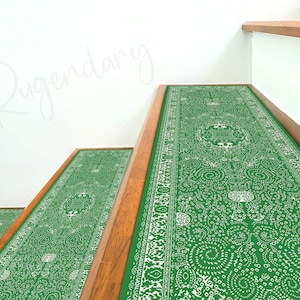Boho Style Green Color Stair Rug, Cool Stair Tread Carpet, Oriental Stair Mat, Nonslip Backing Modern Step Rug, Aesthetic Step Mat