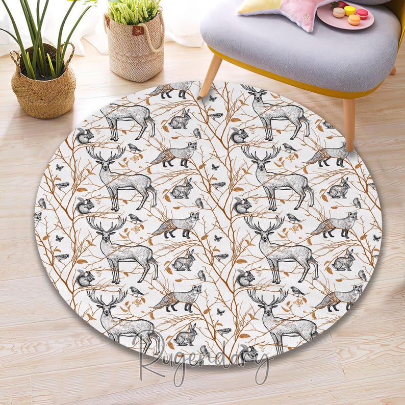 Teppich mit Waldtiermotiv: Hirsch, Fuchs, Hase, Eichhörnchen, rutschfeste Fußmatte Bild 2