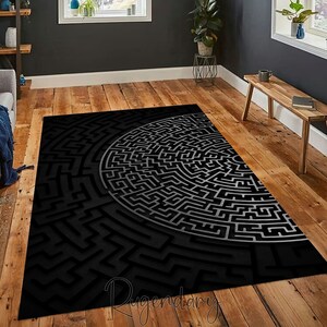 Black Labyrinth Rug, Modern Carpet, Living Room Mat, Abstract Decor ...