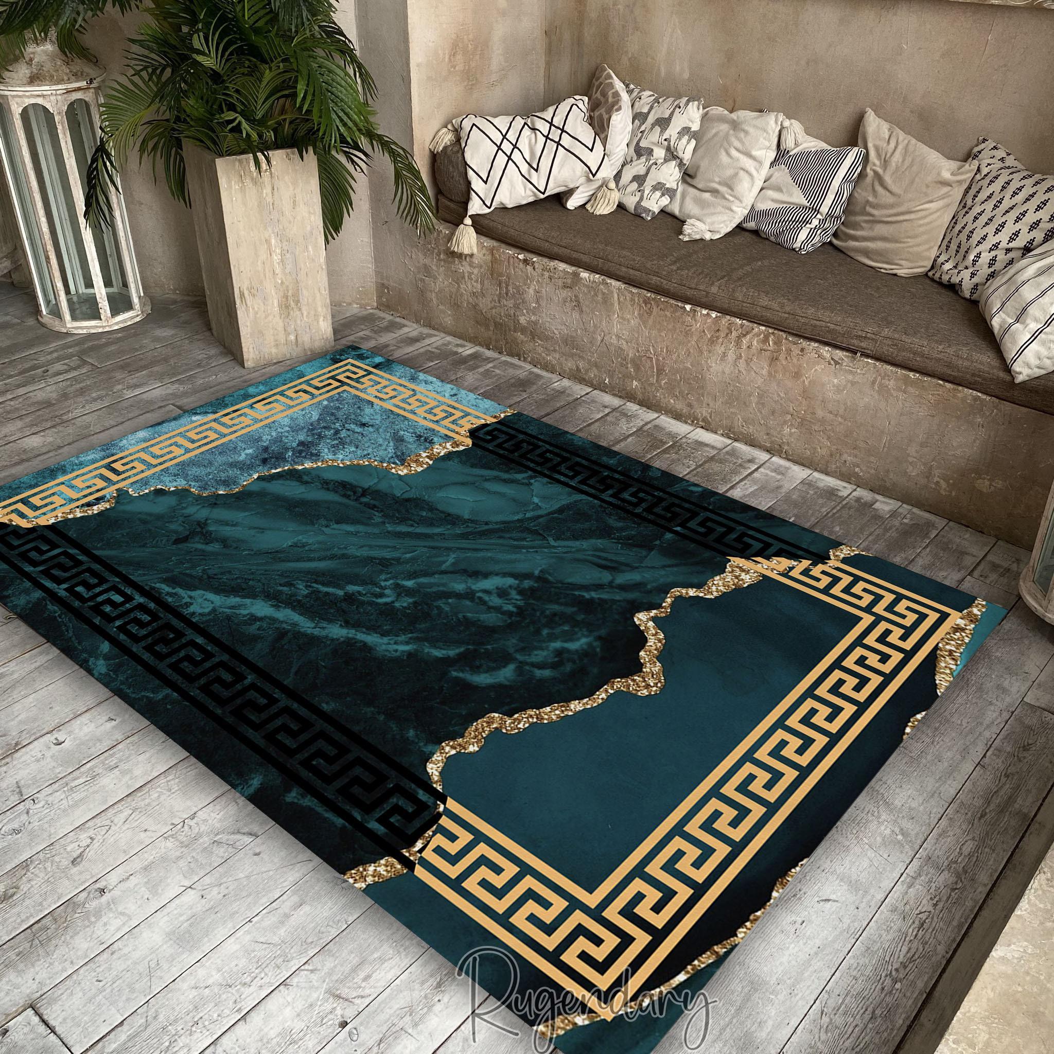 Greek Key Gold Rug Greek Key Rug: Blue Gold Marble, Luxury Carpet - Etsy
