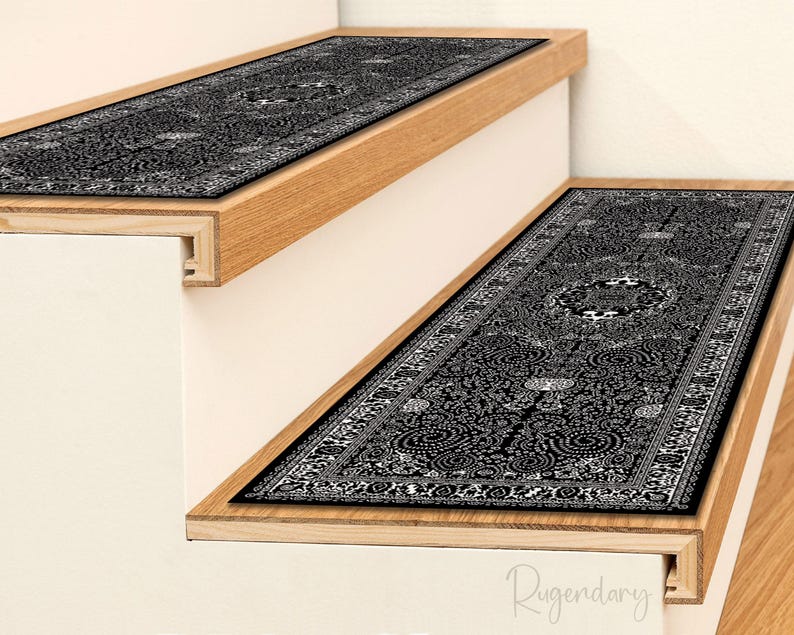 Black and White Boho Stair Rug: Non-Slip Scandinavian Step Mat image 3