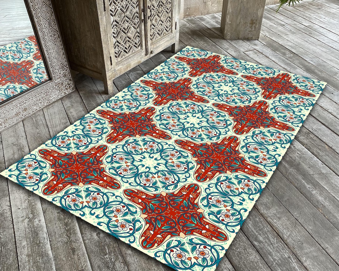 Mediterranean Tile Pattern Rug Red and Teal Floral Carpet Living Room ...