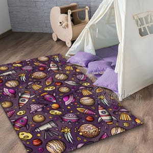 Alfombra espacial de dibujos animados, alfombra colorida de OVNI, alfombra para habitación infantil, alfombra de planetas, decoración de galaxia
