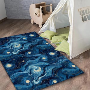 Blue Space Sky Rug, Moon Carpet, Baby Boy Room Rug, Nursery Decor, Children Room Mat, Galaxy Star Carpet