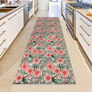 Pink Hibiscus Flower Rug, Tropical Palm Leaves Pattern Runner Rug, Kitchen Boho Carpet, Nonslip Soft Bathroom Mat, Coastal Beach House Decor