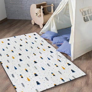 Alfombra de guardería con tema de abeto, alfombra de bosque, parte trasera antideslizante, lavable a máquina, alfombrilla suave para habitación de bebé, alfombrilla para niños pequeños