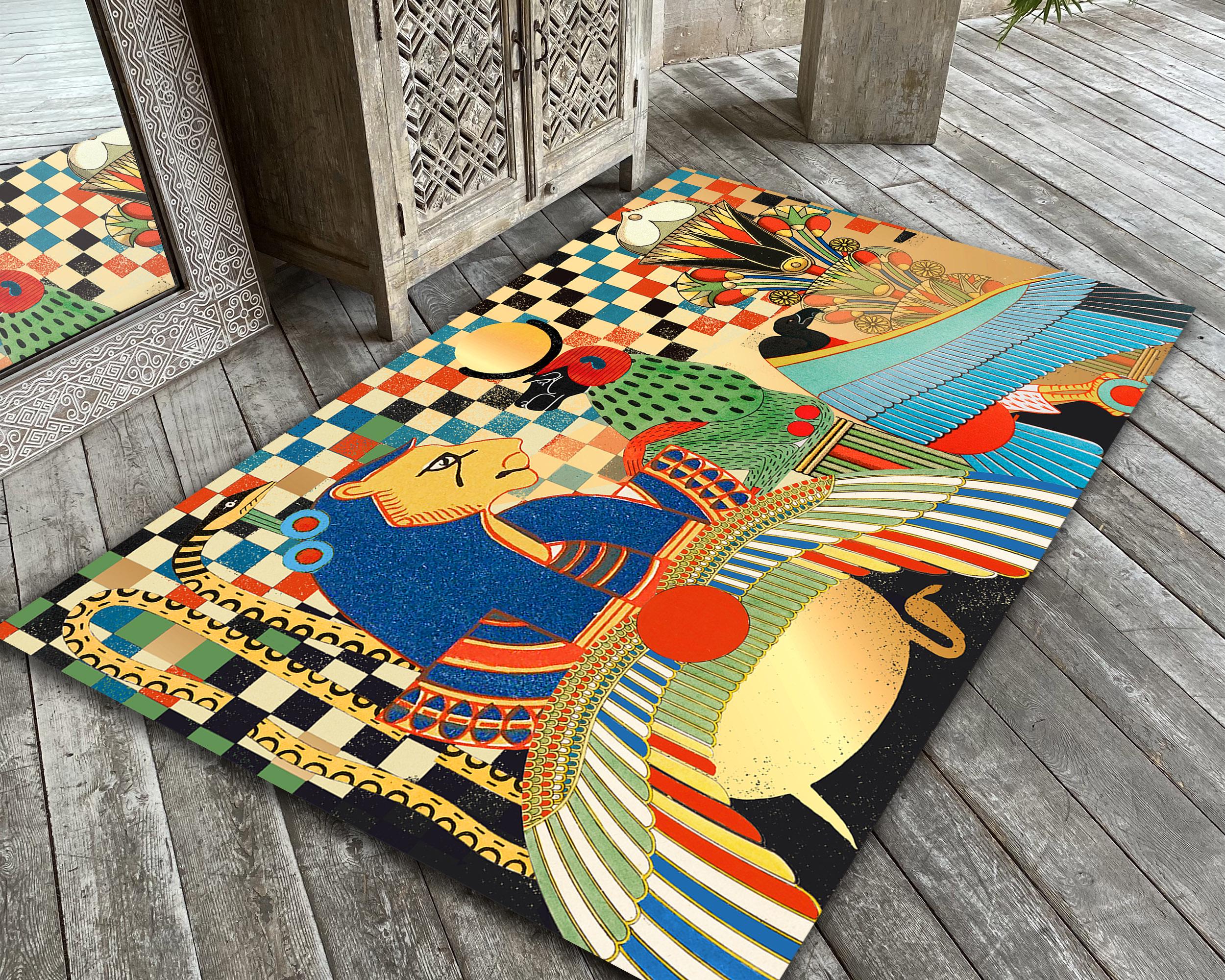 Wegyptian Rug Egyptian Mythology Rug Ancient Art Carpet Colorful Pharaoh and Goddess ...