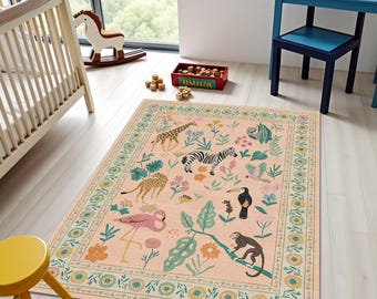 Safari Playroom Rug Jungle Animal Pattern Kids Carpet