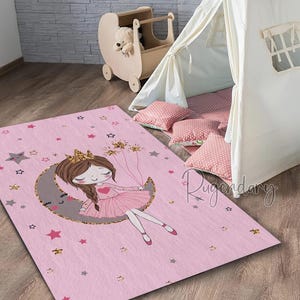 Cute Princess Rug, Girl Room Carpet, Pink Nursery Decor, Moon Themed Non-Slip Soft Area Mat, Baby Shower Gift