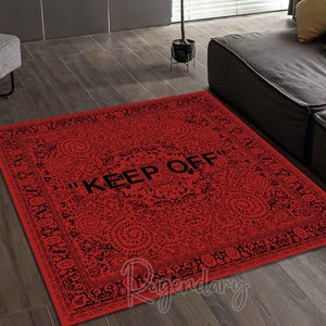 "Rot und Schwarz ""Keep Off"" Quadratischer Teppich, Hypebeast Decor."