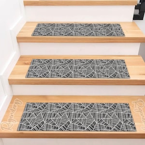 Black and White Geometric Pattern Stair Rug, Boho Style Stair Tread Carpet, Stylish Stair Mat, Minimalist Step Mat, Modern Step Rug