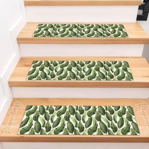 Palm Leaves Pattern Stair Tread Rug, Boho Stair Carpet, Botanical Step Mat, Green White Color Step Rug, Tropical Home Decor