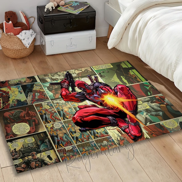 Deadpool Cartoon Rug, Comic Book Rug, Dorm Mat, Marvel Decor, Deadpool Fan Carpet, Marvel Gift