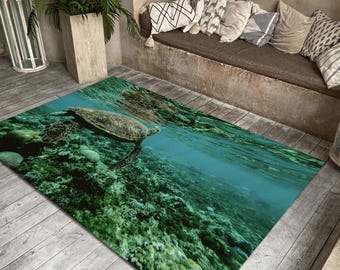 Sea Turtle Rug, Ocean Decor, Marine Life Carpet, Summer House Mat, Coastal Rug