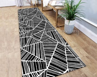 Black and White Geometric Runner Rug: Non-slip Entryway Carpet