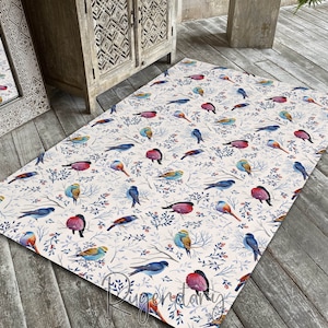 Forest Rug, Bullfinches Birds Pattern Nonslip Mat, Nature Decor, Plants Rug, Botanic Mat, Bathroom Rug, Bedroom Carpet, Living Room Rug
