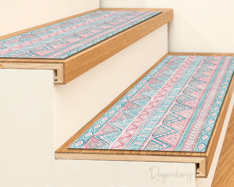 Ethnic Pattern Boho Stair Rug, Bohemian Step Mat, Tribal Geometric