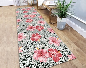 Pink Hibiscus Runner Rug: Hawaiian Tribal Geometric Decor