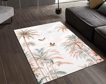 Tropical Palm Tree Rug, Birds and Nature Carpet, Beach Style Area Rug, Coastal Decor