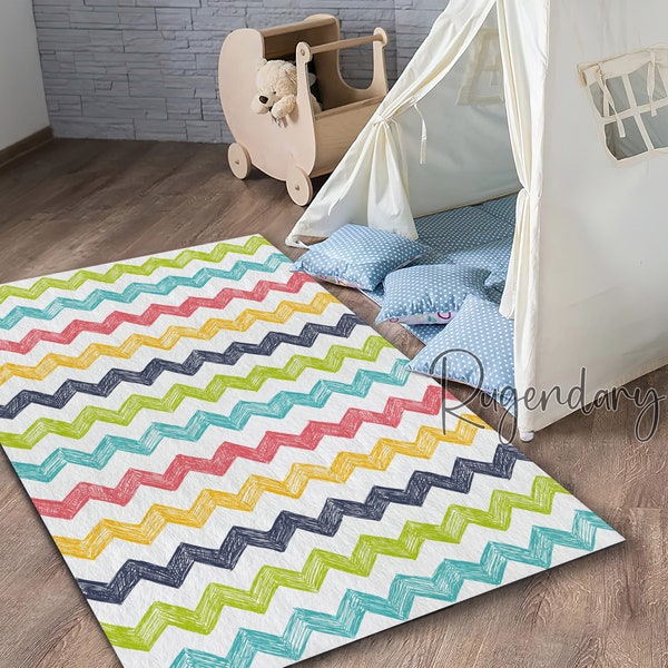 Zigzag Rainbow Pattern Children Room Rug, Cute Nursery Playroom Mat, Baby Shower Decor, Newborn Gift