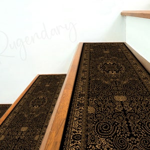 Boho Style Black and Gold Color Stair Rug, Cool Stair Tread Carpet, Oriental Stair Mat, Nonslip Backing Modern Step Rug, Aesthetic Step Mat