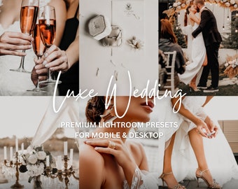 May include: A collage of images showcasing a wedding theme. The images include a couple kissing under a floral arch, a bride and groom holding champagne flutes, a bride's hand with a ring, and a table setting with candles and flowers. The text "Luxe Wedding" and "Premium Lightroom Presets for Mobile & Desktop" are also included.