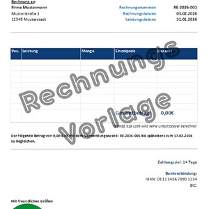 May include: A digital invoice template with a blue header and a white background. The document includes fields for company information, invoice details, and a section for itemized services. A green button with an XLS icon and a blue "DOWNLOAD" button are at the bottom.