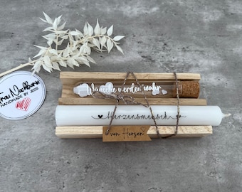 Wunscherfüller mit Kerze nach Wahl inkl. Holzverpackung, Geldgeschenk, Deko, Reagenzglas, personalisiert