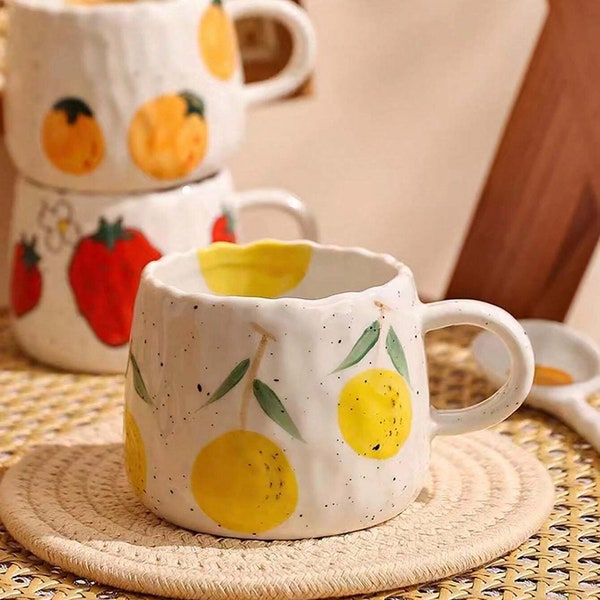 Tasse à café 300 ml/10 oz de style japonais peinte à la main en céramique orange motif cuisine de bureau tasse de café, tasse de café faite main, tasse de café personnalisée