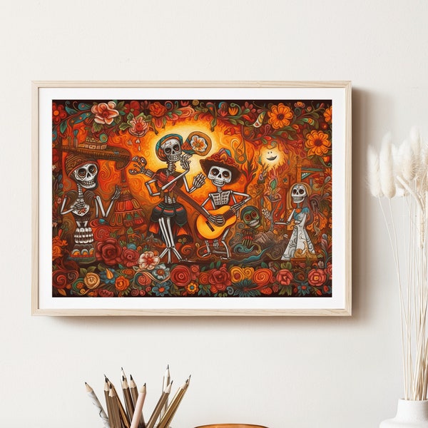 Day of the dead Art, Mexican art painting, dia de los muertos print, home decor, modern wall decor, mexican art poster, landscape painting